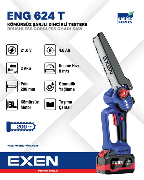 Exen ENG 624 T 21V 2X4 Ah Çift Akü 200 mm Kömürsüz Şarjlı Zincirli Testere ürün görseli 1