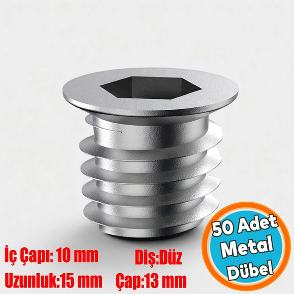 (50 ADET) Metal Düz Dişli Dübel Ahşap Dübeli M10 13x15 Diş Çinko Mobilya Bağlantı Ünite Birleştirme ürün görseli 1