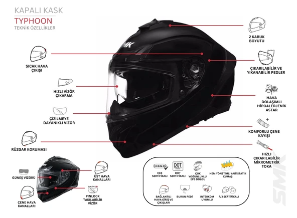 SMK TYPHOON SOLID MAT GRİ KAPALI KASK (GÜNEŞ VİZÖRLÜ) - Resim 2