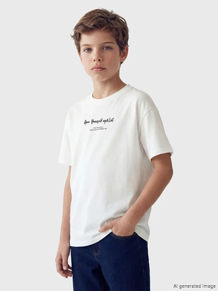 LCW Kids Ekru Yazı Baskılı Erkek Çocuk Tişört ürün görseli 1