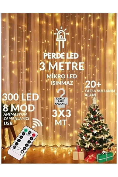 YASİMA 300 Ledli 10 Sarkıtlı Uzaktan Kumandalı 8 Fonk Sarı Perde Led 3x3m Askı Aparatlı Usb Girişli ürün görseli 1
