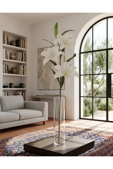 YAPAY ÇİÇEK DERYASI Yapay 3 Başlı Beyaz Lilyum 100 Cm Dekorasyon Çiçeği ürün görseli 1