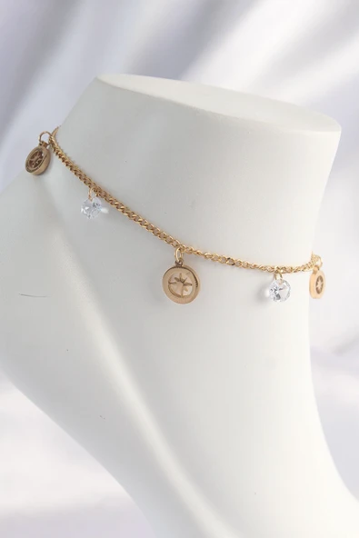316L Çelik Gold Renk Zirkon Taşlı Yıldızlı Halhal ürün görseli 1