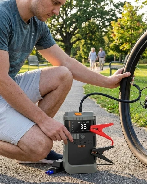 Araç Lastik Basınç Pompası Akü Takviye Powerbank ve SOS Işıklı Çok Fonksiyonlu Cihaz ürün görseli 1