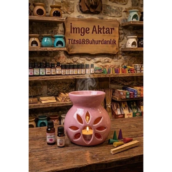 Pembe Lotus Desenli Seramik Buhurdanlık Mumluk Dekoratif ürün görseli 1