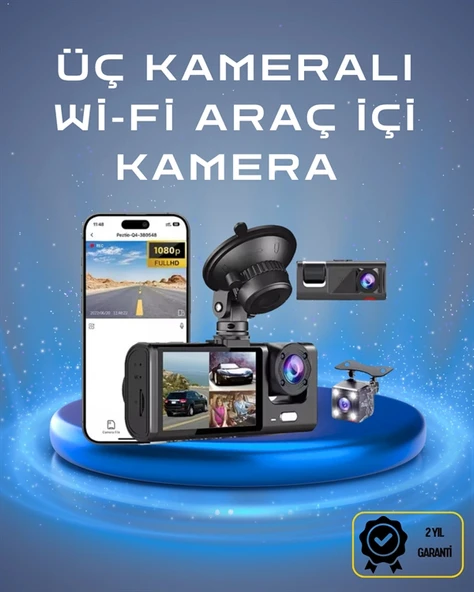 Üç Kameralı 1080p Full HD Araç İçi Kamera – G-Sensörlü ve Gece Görüşlü ürün görseli 1