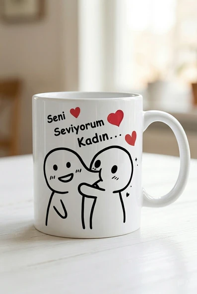 Çift Kupası Seni Seviyorum Kadın Yazılı Sevgiliye Eşe Özel Hediye Kalpli Kupa Bardak Özel Tasarımlı ürün görseli 1