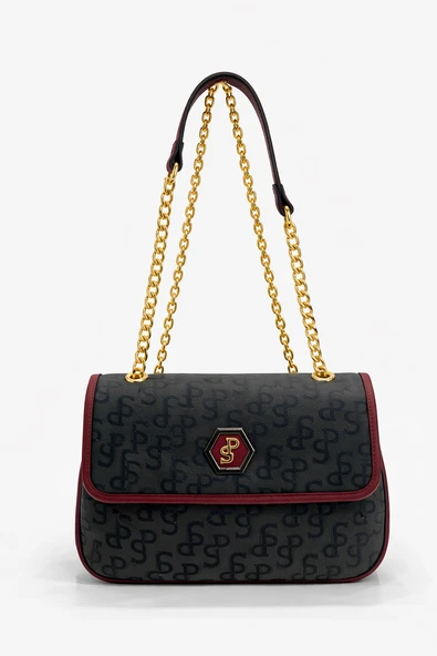 Silver Polo Çapraz Askılı Kadın Çanta Monogram Desenli Siyah-Bordo 1084 ürün görseli 1