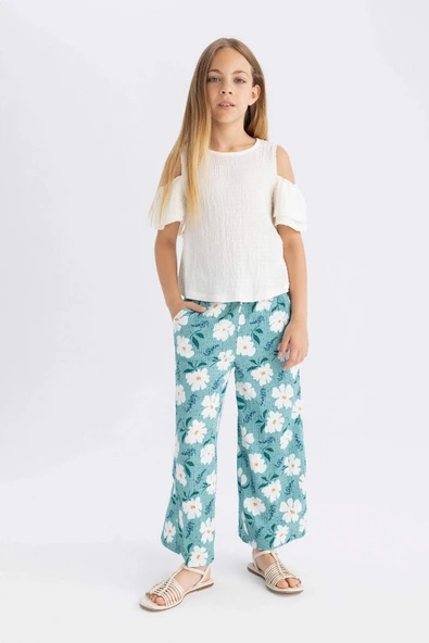 Defacto C5373 Yeşil Kız Çocuk Wide Leg Geniş Bol Paça Çiçekli Beli Lastikli Bürümcük Pantolon ürün görseli 1