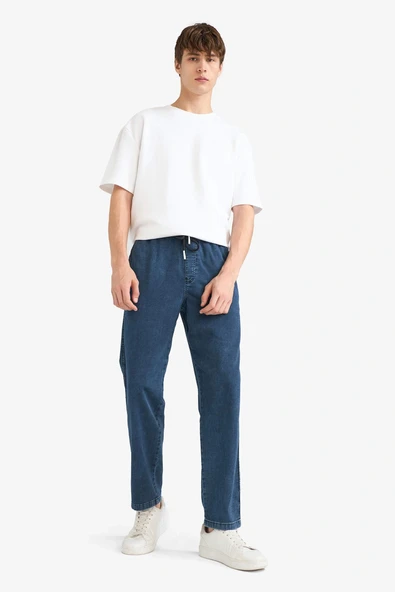 Defacto G1627AXNM83 İndigo Wide Leg Geniş Paça Beli Bağcıklı Jean Kar Yıkamalı Pantolon ürün görseli 1