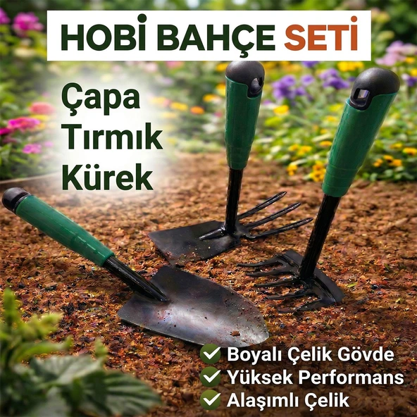 Çapa Tırmık Kürek 3’lü Set Metal Hobi Bahçe El Aletleri Saksı, Çiçek, Bitki ve Toprak Kazma Seti ürün görseli 1