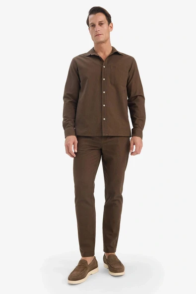 Defacto D2671AXBN534 Kahve %100 Pamuk Slim Fit Beli Lastikli Keten Görünümlü Cepli Düz Paça Jogger Pantolon ürün görseli 1
