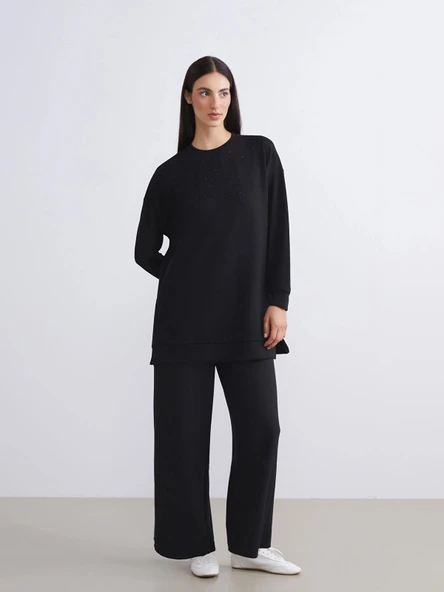LCW Modest Siyah Büyük Beden Beli Lastikli Geniş Paça Kadın Pantolon ürün görseli 1