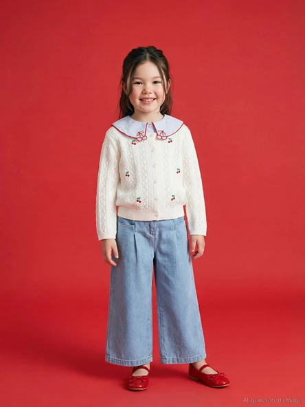 LCW Kids İndigo Beli Lastikli Wideleg Kız Çocuk Jean Pantolon ürün görseli 1