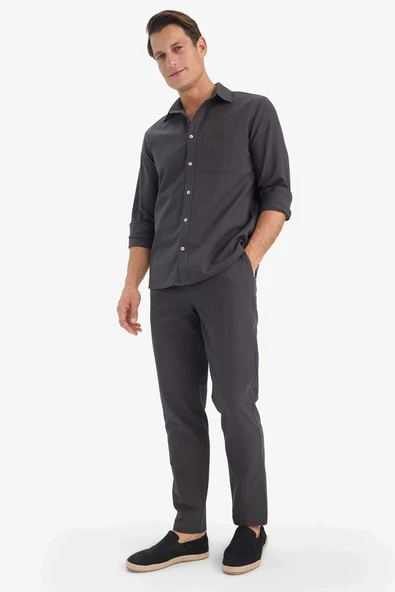 Defacto D2671AXAR9 Antrasit %100 Pamuk Slim Fit Dar Kesim Beli Lastikli Keten Görünümlü Cepli Düz Paça Jogger Pantolon ürün görseli 1