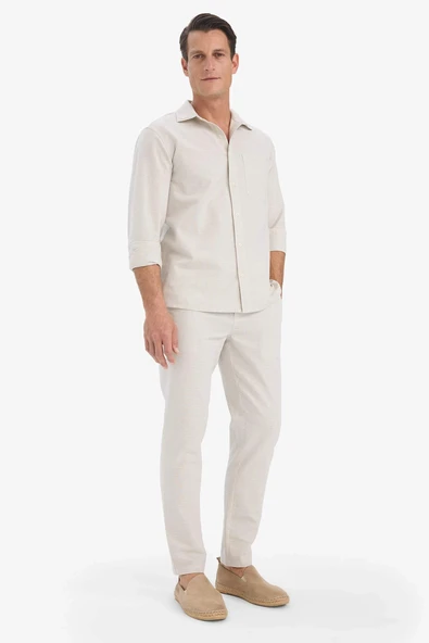 Defacto D2671AXBG672 Bej %100 Pamuk Slim Fit Beli Lastikli Keten Görünümlü Cepli Düz Paça Jogger Pantolon ürün görseli 1