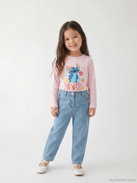 LCW Kids İndigo Beli Lastikli Mom Fit Kız Çocuk Jean Pantolon ürün görseli 1