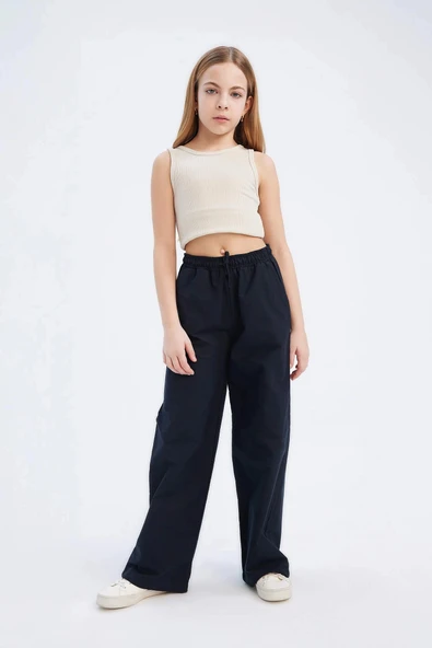 Defacto D7611 Siyah Kız Çocuk Beli Lastikli Wide Leg Geniş Bol Paça Pamuklu Pantolon ürün görseli 1
