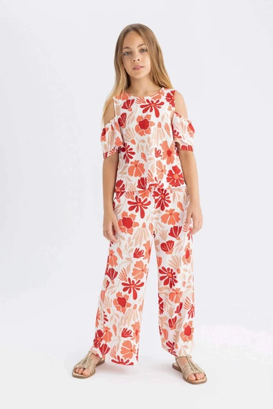 Defacto C5373 Kırmızı Kız Çocuk Wide Leg Geniş Bol Paça Çiçekli Beli Lastikli Bürümcük Pantolon ürün görseli 1
