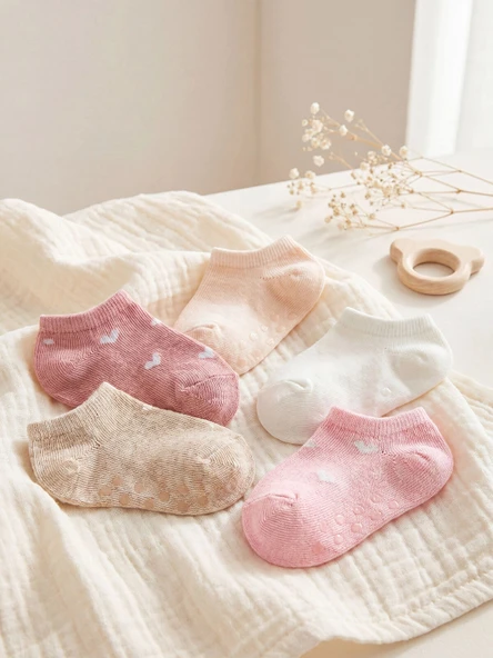 LCW baby Pembe Kız Bebek Kaydırmaz Tabanlı Patik Çorap 5'li ürün görseli 1