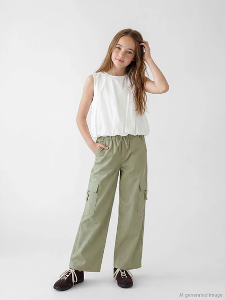 LCW Kids Haki Loose Fit Kız Çocuk Gabardin Kargo Pantolon ürün görseli 1