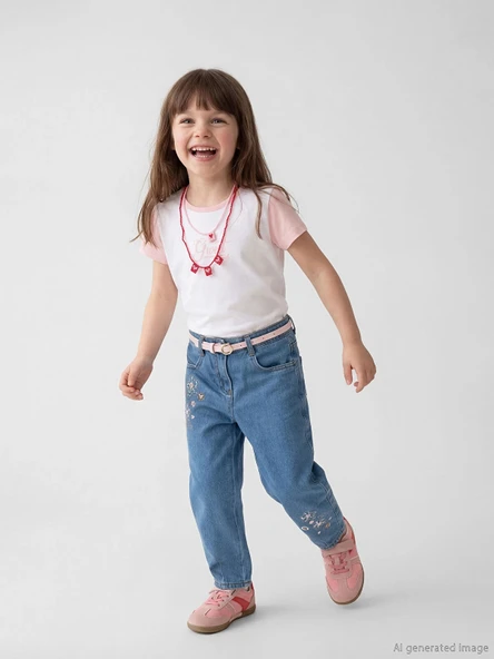LCW Kids Mavi Balloon Fit Çiçek Nakışlı Kız Çocuk Jean Pantolon ürün görseli 1