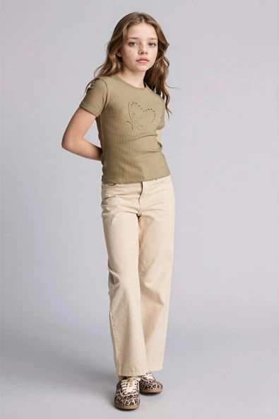 Defacto G0603A8ER41 Ekru 90's Wıde Leg Gabardin Pantolon Kız Çocuk ürün görseli 1
