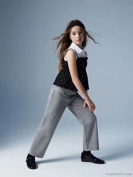 LCW Kids Karışık Wideleg Taşlı Kız Çocuk Jean Pantolon ürün görseli 1