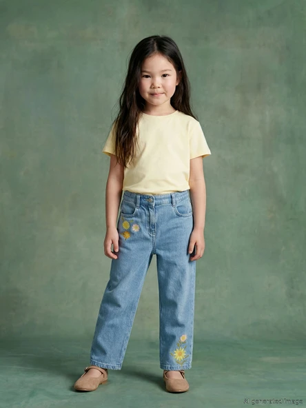 LCW Kids İndigo Nakışlı Kız Çocuk Jean Pantolon ürün görseli 1