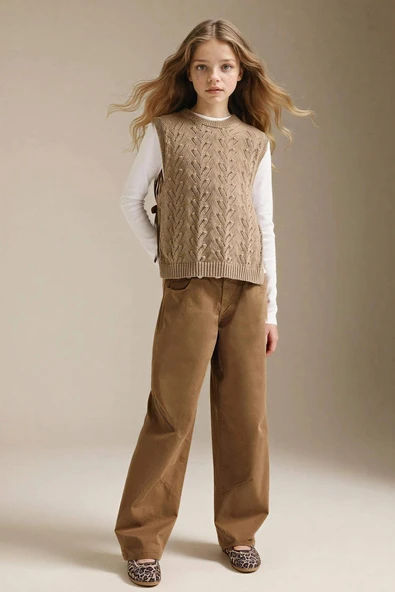 Defacto G7732A8BG150 Bej Baggy Fıt Gabardin Pantolon Kız Çocuk ürün görseli 1