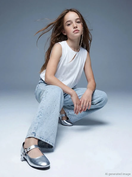 LCW Kids Mavi Wideleg Taşlı Kız Çocuk Jean Pantolon ürün görseli 1