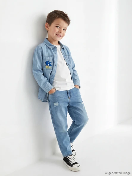 LCW Kids İndigo Loose Fit Yırtık Detaylı Erkek Çocuk Jean Pantolon ürün görseli 1