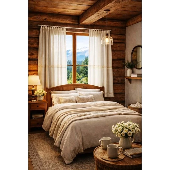 Buldan Monika 2 dantelli naturel otontik perde 150x160 2 prç ürün görseli 1