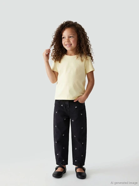 LCW baby Siyah Balloon Fit Nakışlı Kız Çocuk Jean Pantolon ürün görseli 1