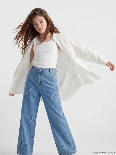 LCW Kids Mavi Wideleg Nakışlı Kız Çocuk Jean Pantolon ürün görseli 1
