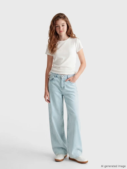 LCW Kids Mavi Wideleg Taşlı Kız Çocuk Jean Pantolon ürün görseli 1
