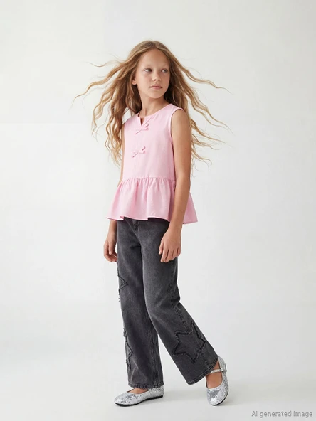 LCW Kids Siyah Wideleg Nakışlı Kız Çocuk Jean Pantolon ürün görseli 1