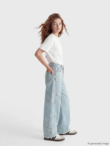 LCW Kids Mavi Wideleg Nakışlı Kız Çocuk Jean Pantolon ürün görseli 1