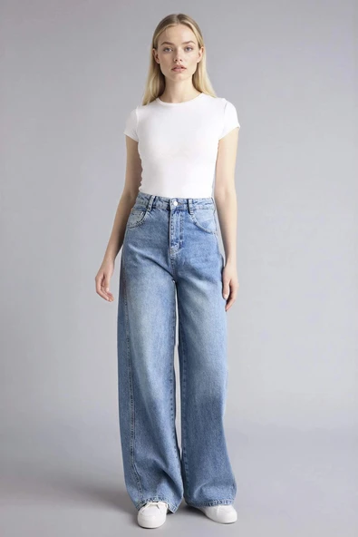 Defacto G8837AXNM28 Mavi %100 Pamuk Wıde Leg Normal Bel Jean Pantolon ürün görseli 1