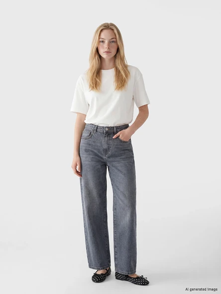 LCW Jeans Gri Yüksek Bel Boyfriend Fit Kadın Jean Pantolon ürün görseli 1