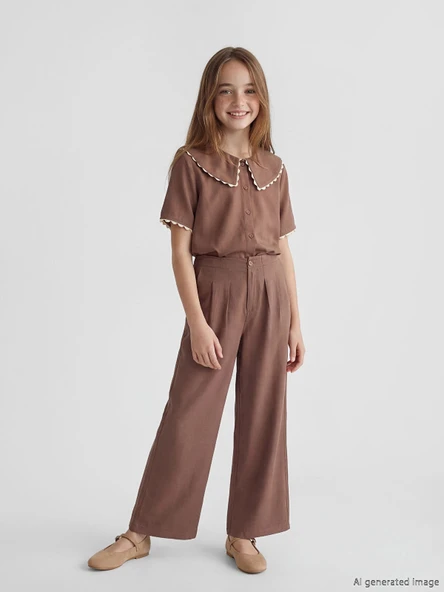 LCW Kids Kahverengi Beli Lastikli Pileli Kız Çocuk Pantolon ürün görseli 1