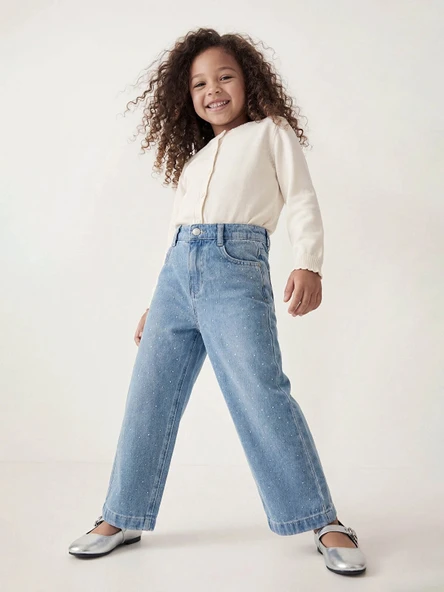 LCW Kids İndigo Wideleg Taşlı Kız Çocuk Jean Pantolon ürün görseli 1