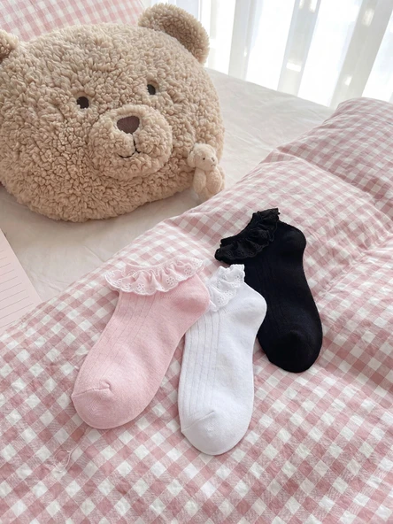 LCW Kids Pembe Dantel Detaylı Kız Çocuk Patik Çorap 3'lü ürün görseli 1
