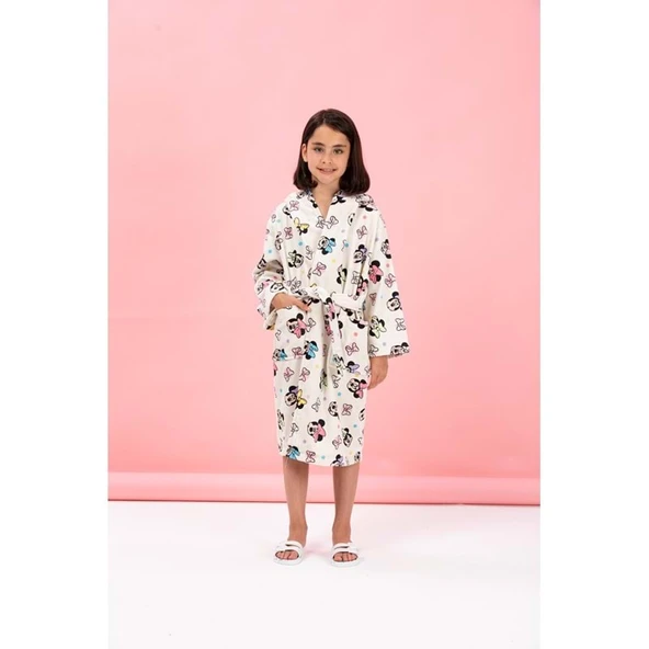 Özdilek Lisanslı Kapüşonlu Çocuk Bornozu 7/8 Yaş-Minnie Mouse Colors Krem ürün görseli 1