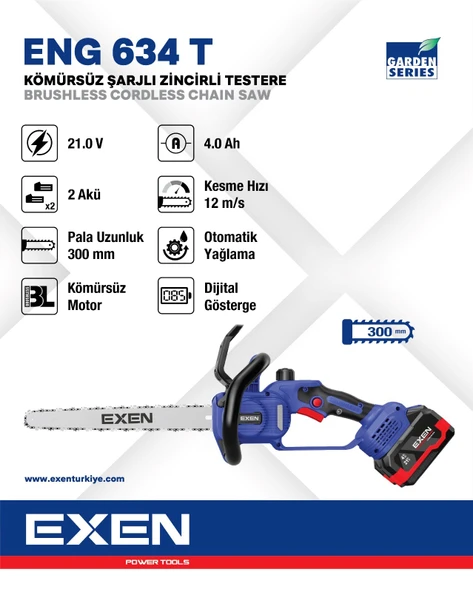 Exen ENG 634 T 21V 2x4 Ah Çift Akü 300 mm Kömürsüz Şarjlı Zincirli Testere ürün görseli 1