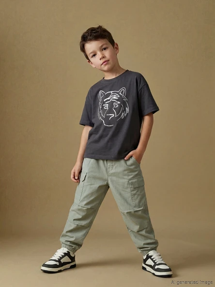 LCW Kids Yeşil Beli Lastikli Loose Fit Erkek Çocuk Pantolon ürün görseli 1