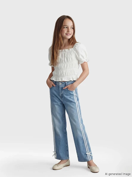 LCW Kids Mavi Wideleg Fiyonklu Kız Çocuk Jean Pantolon ürün görseli 1