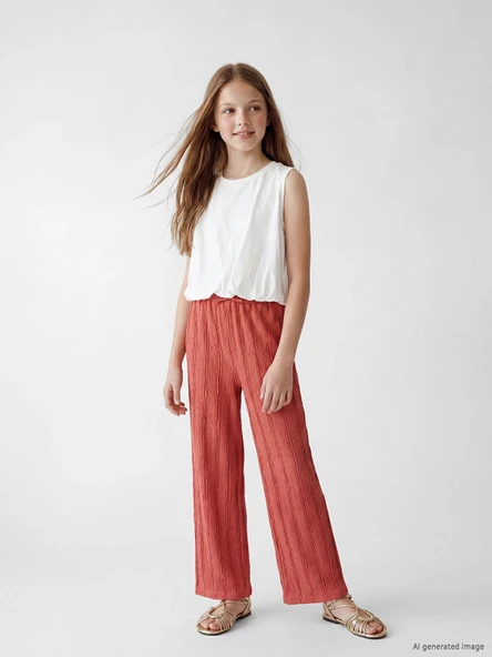 LCW Kids Pembe Kız Çocuk Geniş Paça Dokulu Pantolon ürün görseli 1