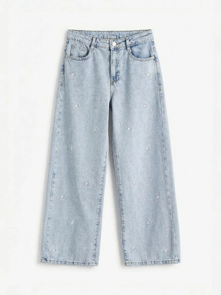 LCW Kids Mavi Wideleg Nakışlı Kız Çocuk Jean Pantolon ürün görseli 1