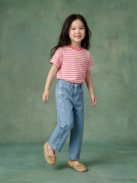 LCW Kids Mavi Regular Fit Nakışlı Kız Çocuk Jean Pantolon ürün görseli 1